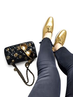 Prada Gold Metallic Platform Brogue Oxfords 37.5 Creeper Shoes W Box Dust Bag